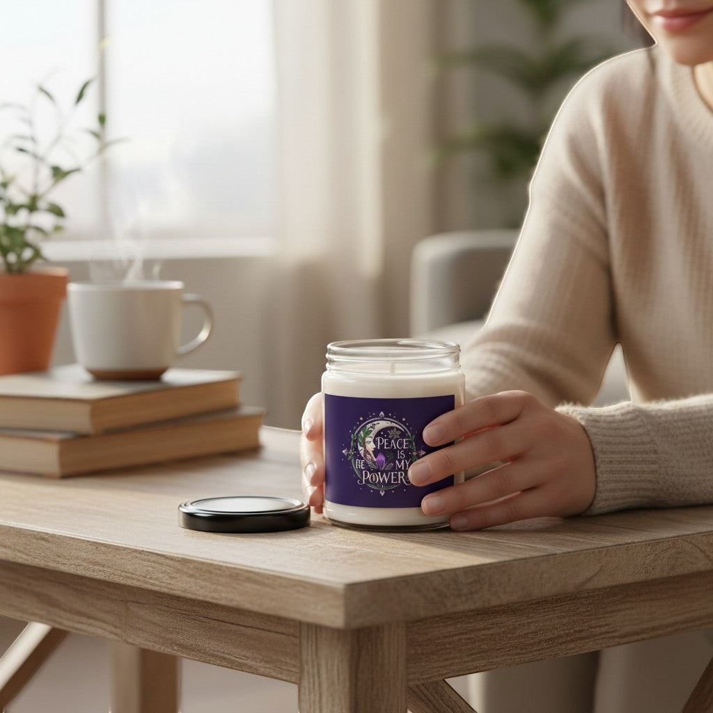 Jena Jewelry floral affirmation candle with "Peace Is My Power" text, held by a person in a cozy setting.
