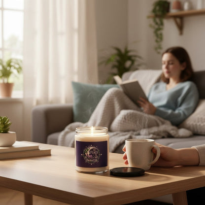 Jena Jewelry floral soy candle with "Peace Is My Power" affirmation, burning in a cozy living room setting.