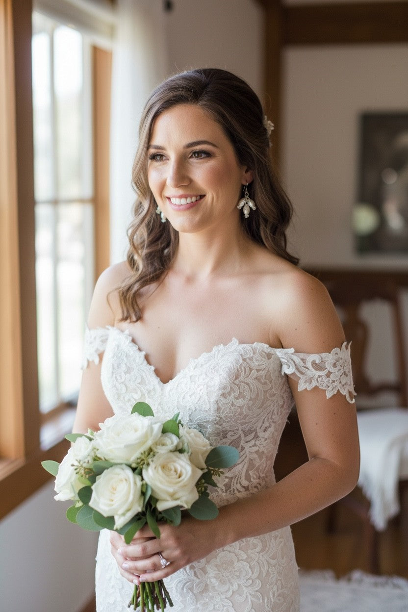 Jena Jewelry elegant spiral freshwater pearl bridal earrings with silver-tone wire, worn by a bride holding a bouquet.