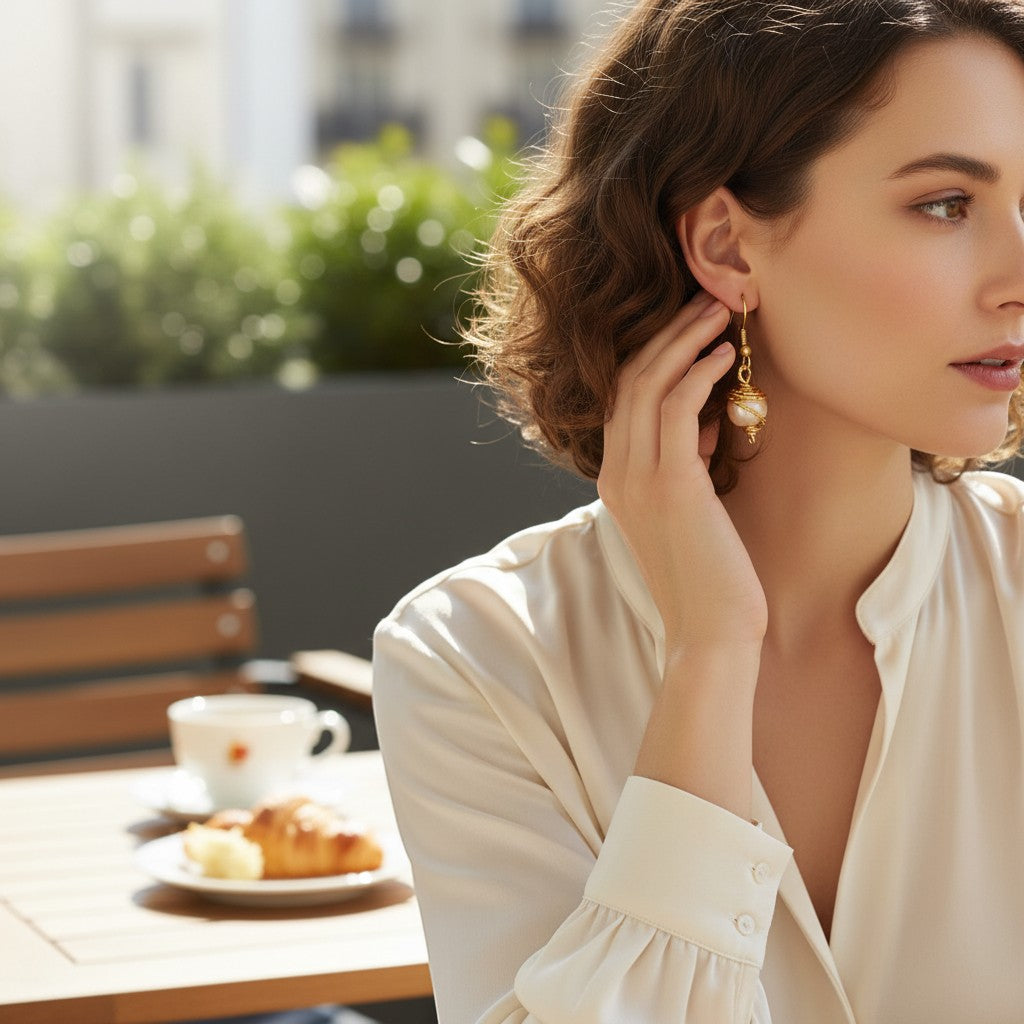 Jena Jewelry gold-wrapped freshwater pearl earrings with a nest-like wire design. Elegant and timeless.