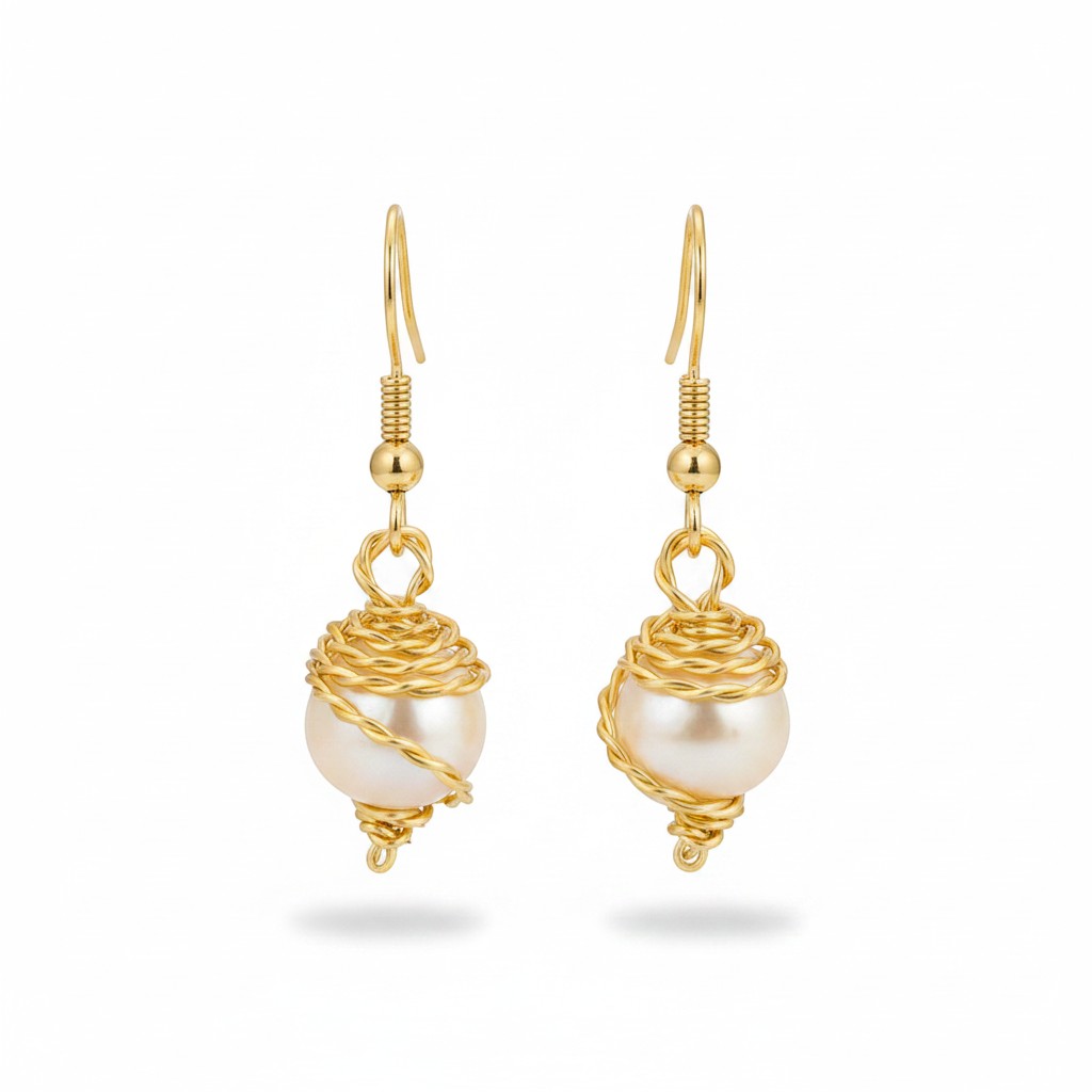 Jena Jewelry gold-wrapped freshwater pearl drop earrings with hand-twisted gold-tone wire.