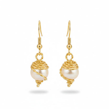 Jena Jewelry gold-wrapped freshwater pearl drop earrings with hand-twisted gold-tone wire.