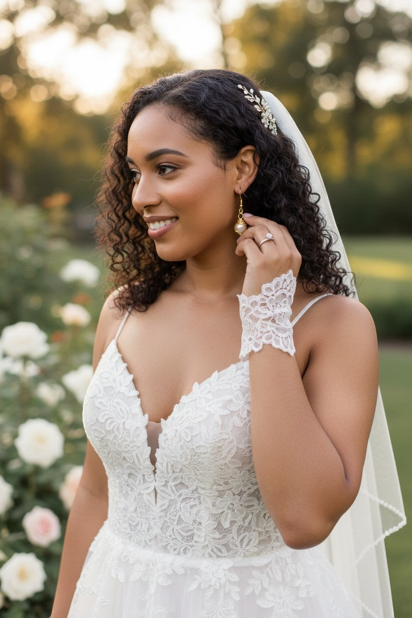 Jena Jewelry gold-wrapped freshwater pearl earrings with a nest-like wire design. Bride wearing earrings and lace cuffs.