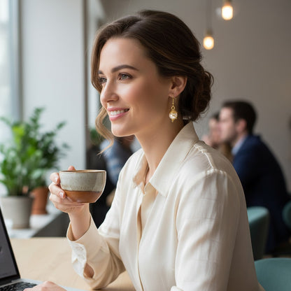Jena Jewelry gold-wrapped freshwater pearl drop earrings with a nest-like wire design, worn by a woman holding a coffee cup.