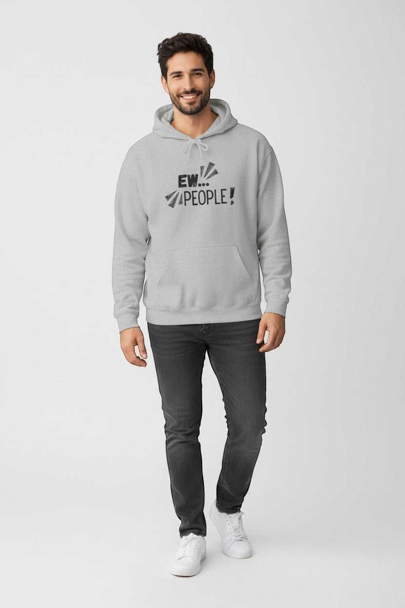 Jena Jewelry light grey 50/50 cotton-poly hoodie with a distressed black "EW... PEOPLE!" graphic print on the chest. Features a kangaroo pocket and drawstring hood.