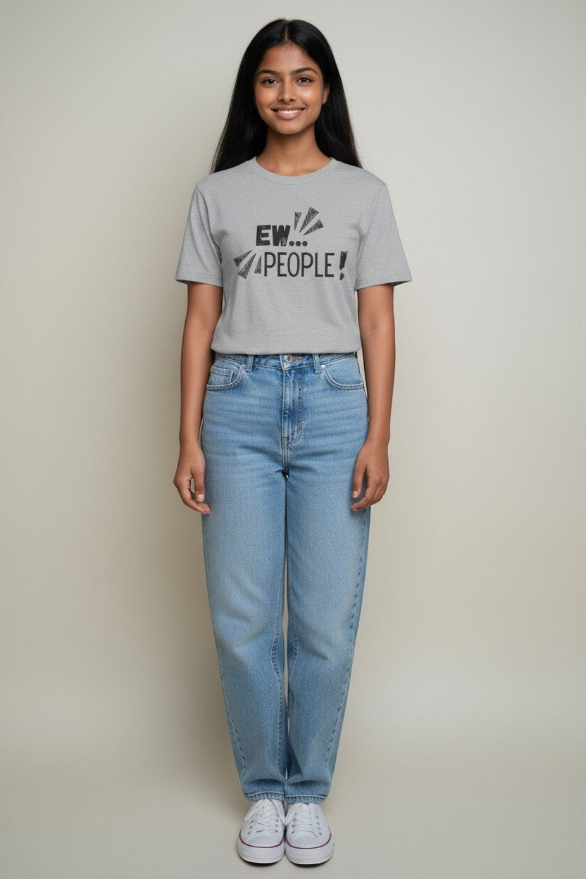 Jena Jewelry grey 100% cotton t-shirt with "EW... PEOPLE!" graphic print, paired with light wash jeans.