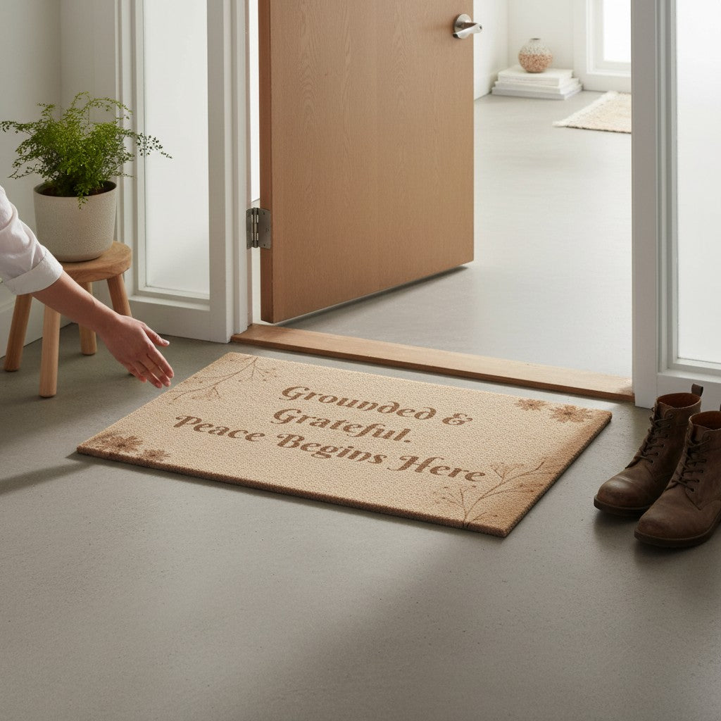 Jena Jewelry beige coir doormat with "Grounded & Grateful. Peace Begins Here" text and floral accents.