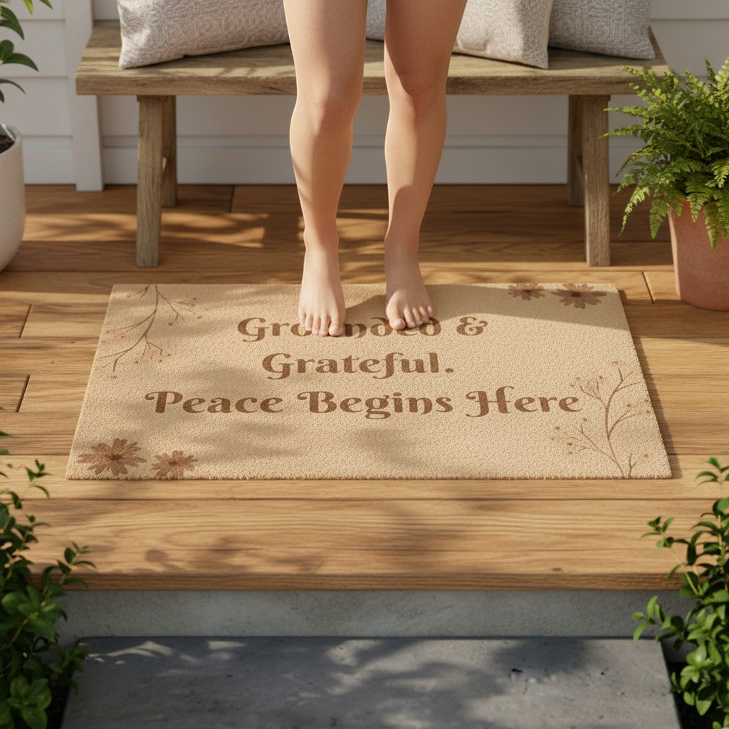 Jena Jewelry natural coir doormat with "Grounded & Grateful. Peace Begins Here" text and floral accents.