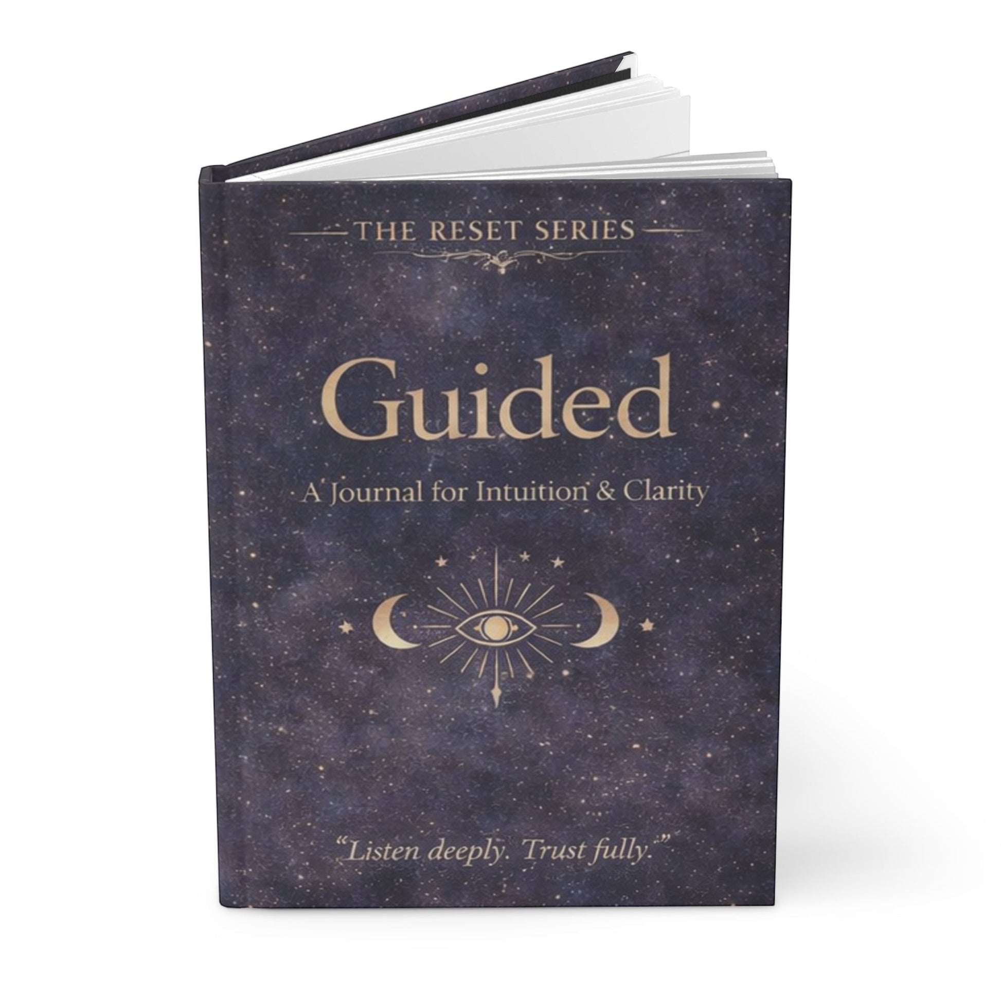 Jena Jewelry Guided journal with a dark starry night cover, featuring gold text and celestial eye graphic. For personal growth and intuition.