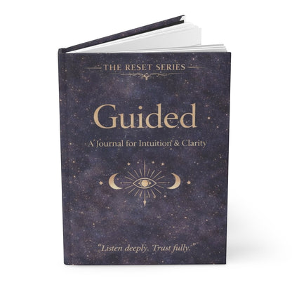 Jena Jewelry Guided journal with a dark starry night cover, featuring gold text and celestial eye graphic. For personal growth and intuition.