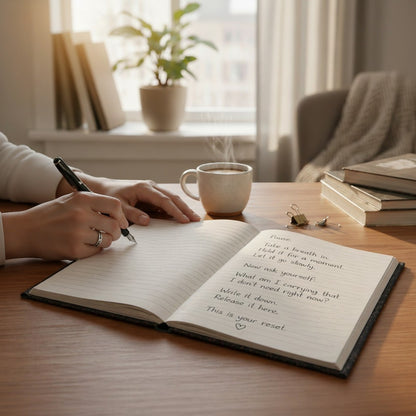 Jena Jewelry guided journal with lined pages and prompts for personal growth and emotional clarity, being written in by a person with a cup of coffee nearby.