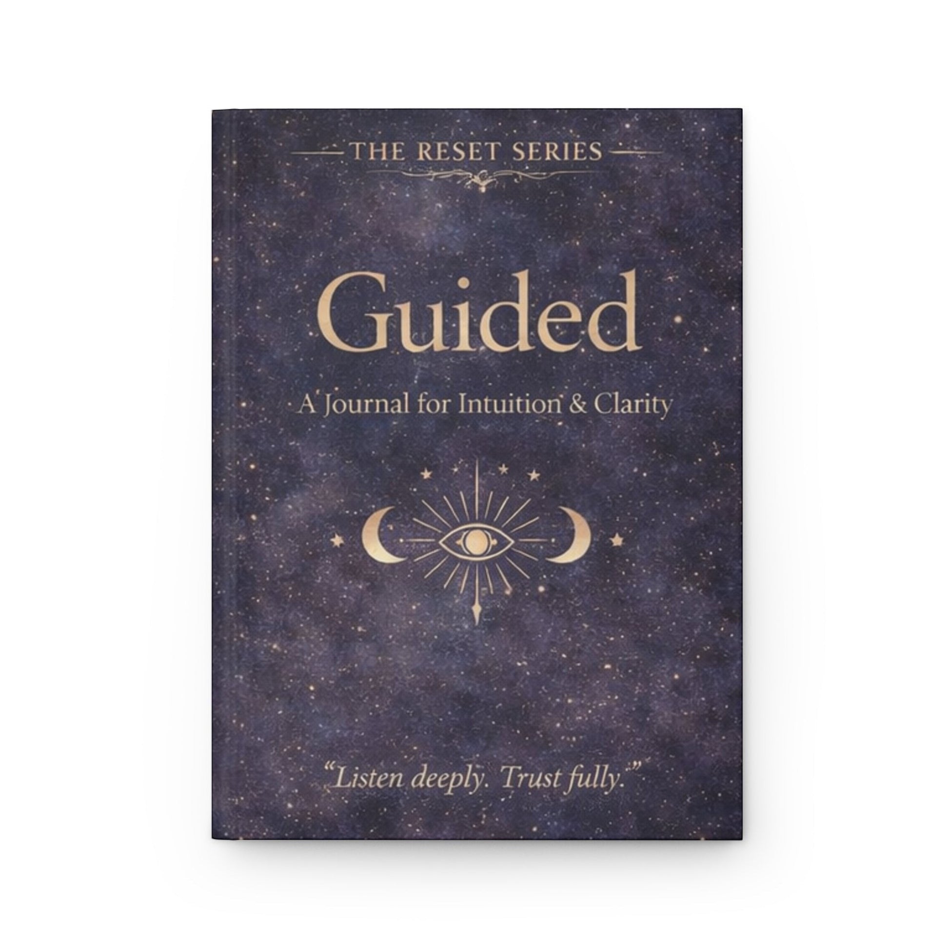 Jena Jewelry Guided journal with a starry night cover, featuring an eye symbol and celestial moons. Promotes personal growth and emotional clarity.