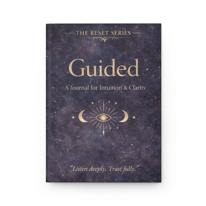Jena Jewelry Guided journal with a starry night cover, featuring an eye symbol and celestial moons. Promotes personal growth and emotional clarity.