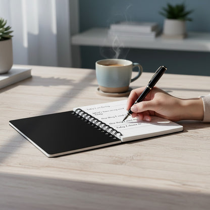 Jena Jewelry Guided Reset Journal, a black spiral notebook with lined pages for self-care and goal setting, shown with a hand writing in it.
