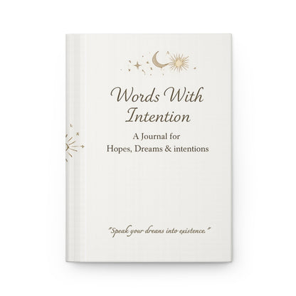 Jena Jewelry Words With Intention hardcover journal for affirmations, manifestation, gratitude, and mindful writing. Cream cover with gold celestial design.