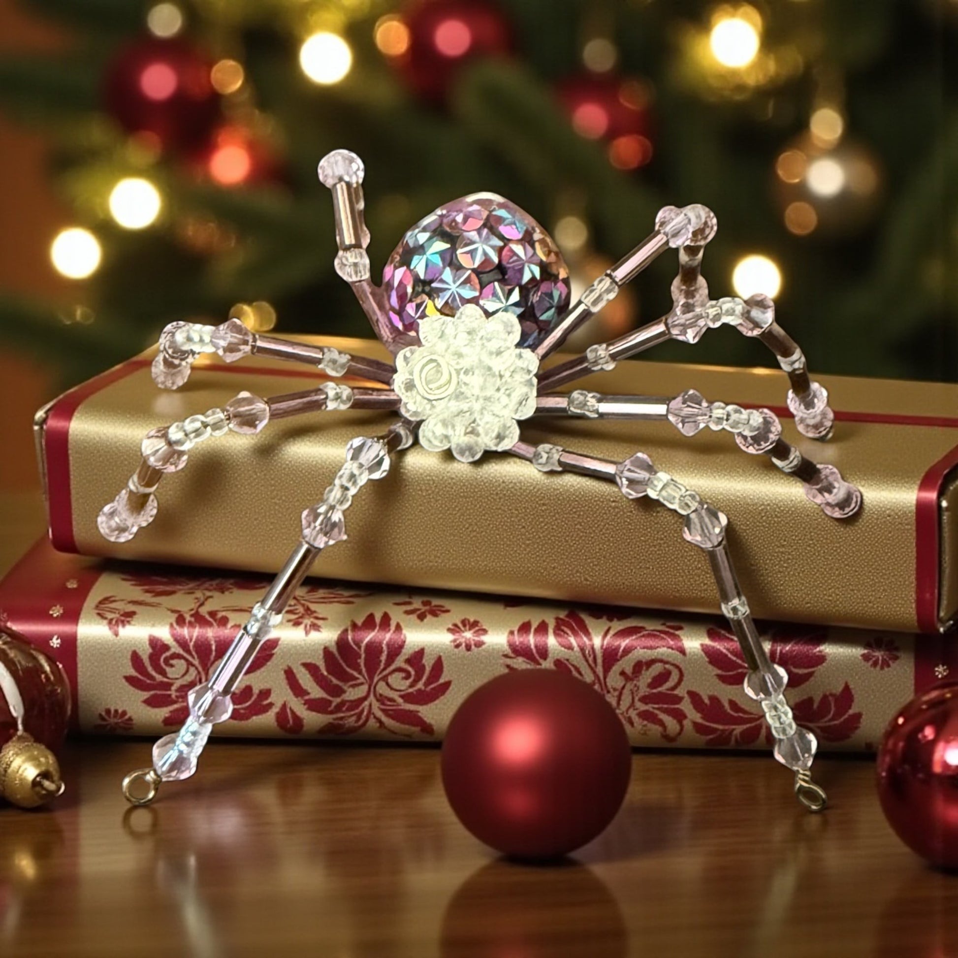 Jena Jewelry iridescent glass bead and wire spider ornament with clear crystal legs, sits on gold and red patterned gift boxes.