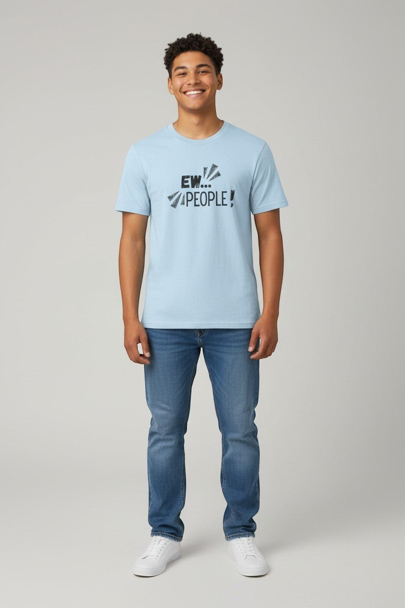 Jena Jewelry light blue 100% cotton crewneck t-shirt with black "EW... PEOPLE!" graphic print. Model is wearing jeans.