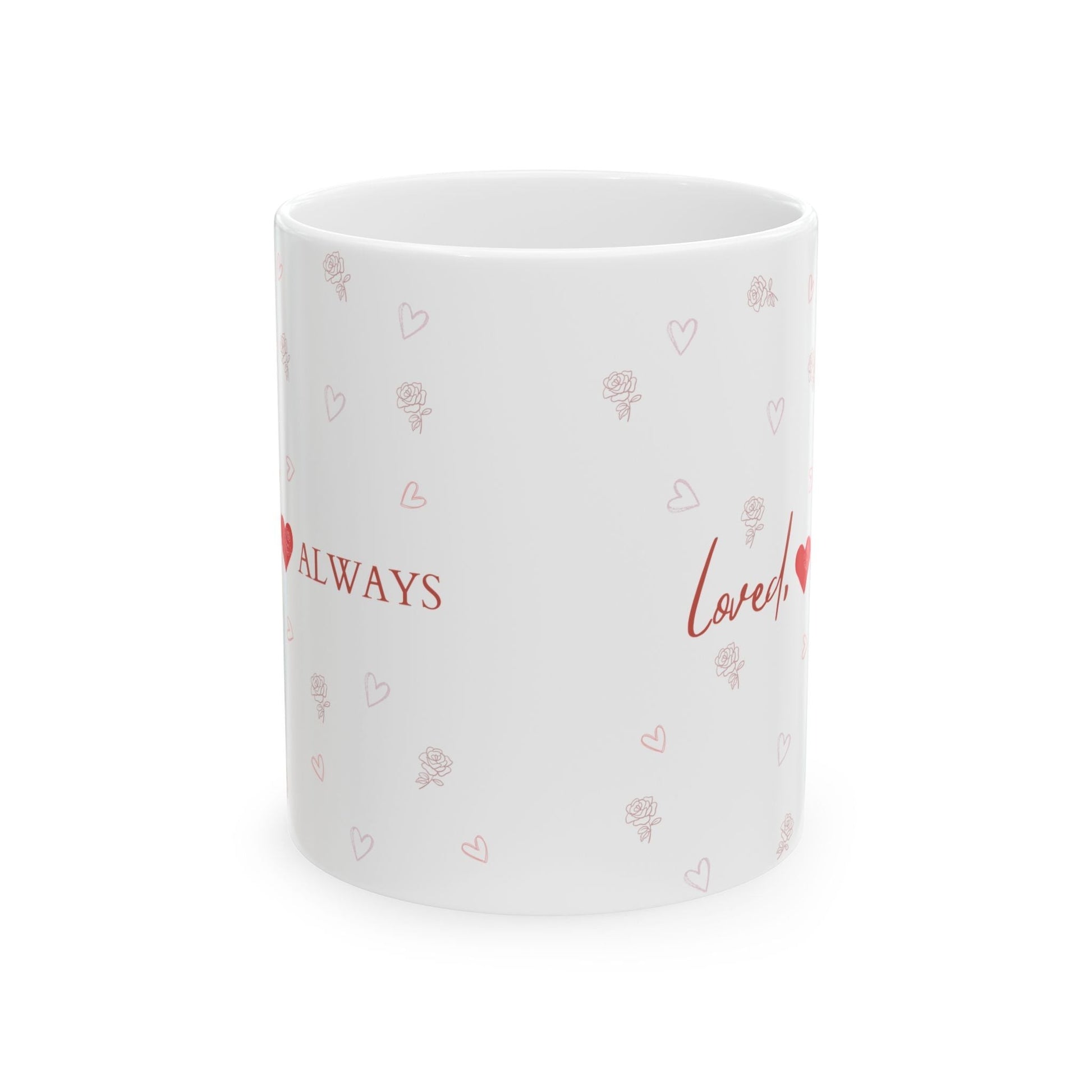 Jena Jewelry white ceramic mug with red "Loved Always" text and small heart and rose pattern. Ideal for gifts.