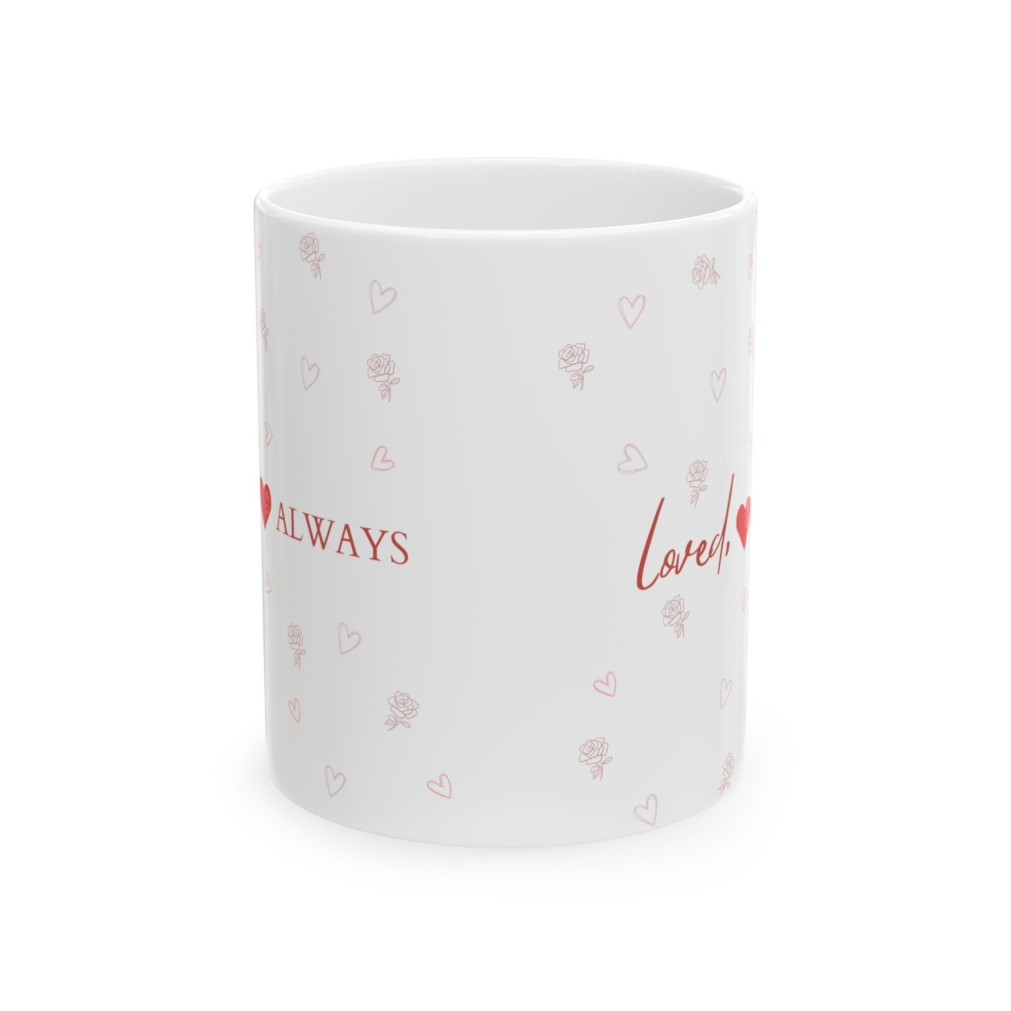Jena Jewelry white ceramic mug with red "Loved Always" text and small heart and rose pattern. Ideal for gifts.