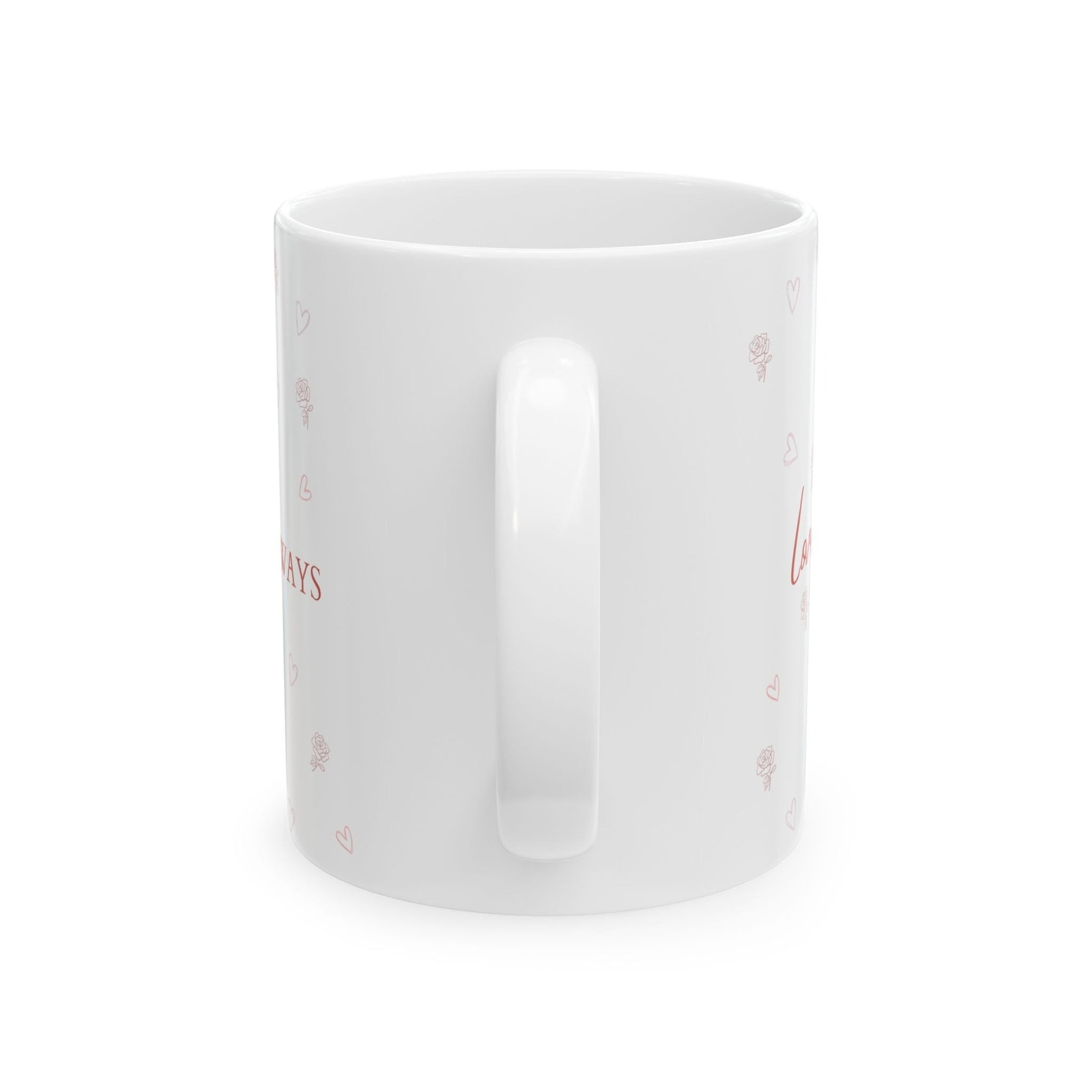 Jena Jewelry white ceramic mug with red "Loved Always" text and heart and rose illustrations. Ideal for gifts.