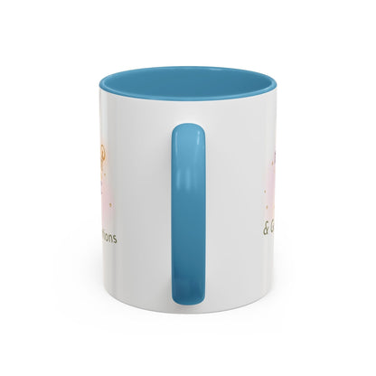 Jena Jewelry white ceramic mug with blue interior and handle, featuring "Made of Magic" affirmation text and watercolor design.