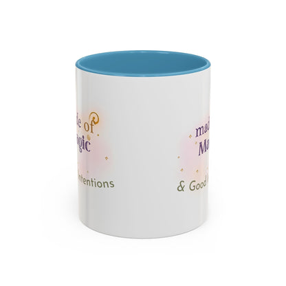 Jena Jewelry white ceramic mug with blue interior, featuring "Made of Magic" text and watercolor accents for positive energy and self-love.