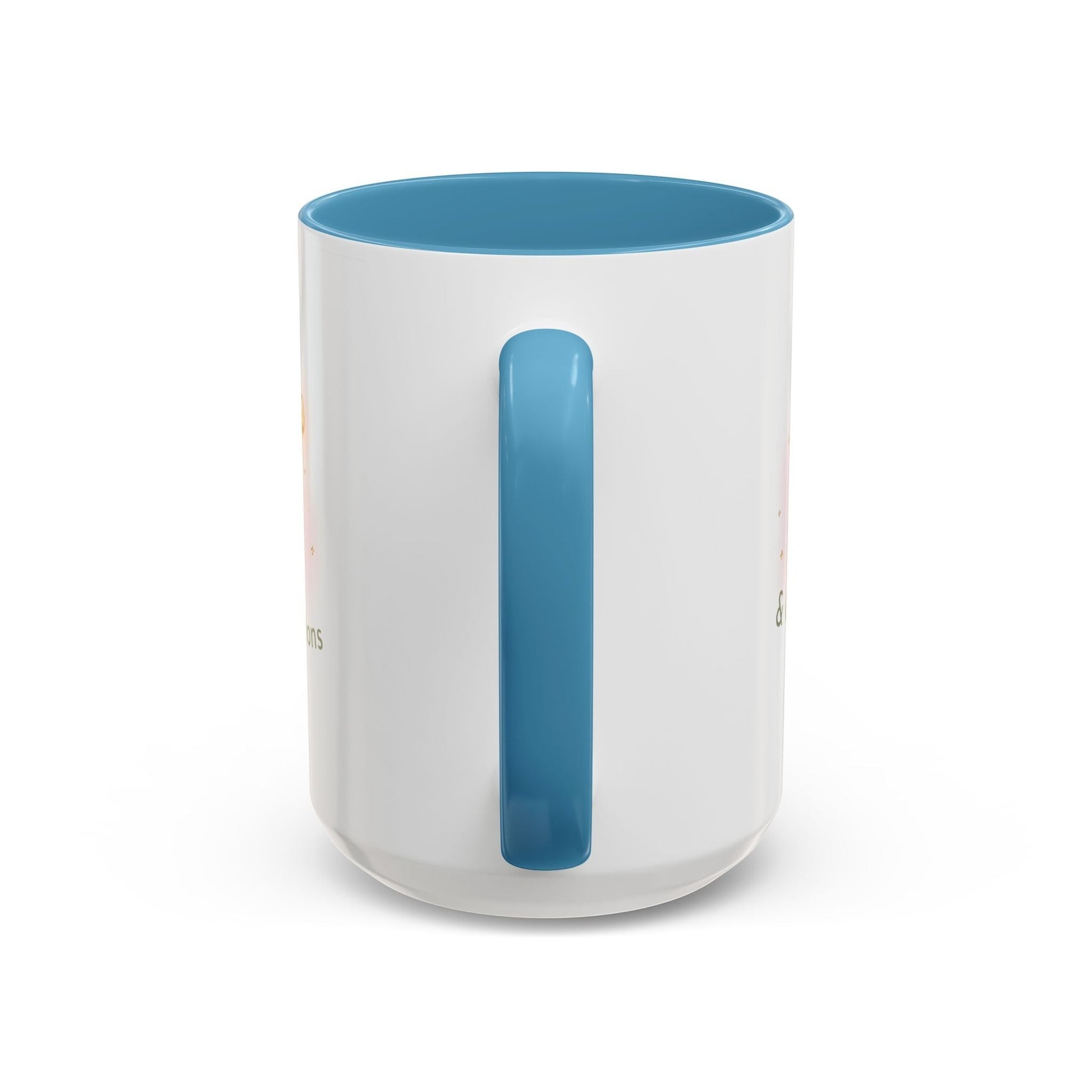 Jena Jewelry white ceramic mug with blue interior and handle, featuring "Made of Magic" affirmation text and watercolor design.