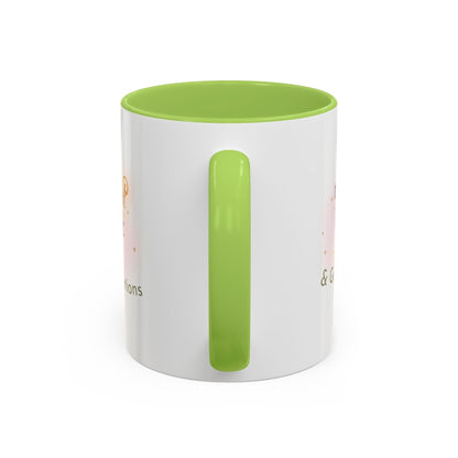 Jena Jewelry white ceramic mug with green interior and handle, featuring "Made of Magic" affirmation text and watercolor design.