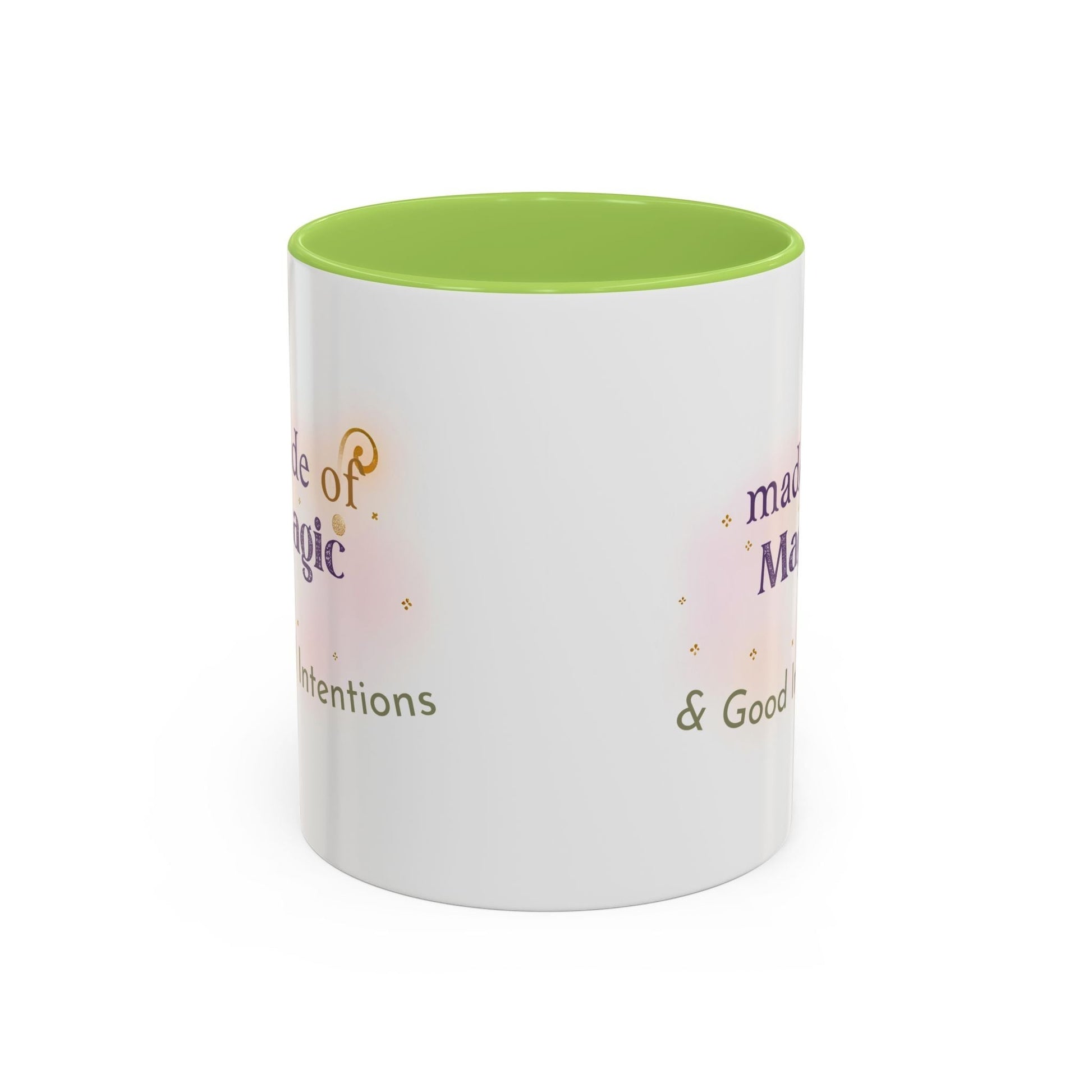 Jena Jewelry white ceramic mug with green interior, featuring "Made of Magic" text and watercolor accents for positive energy and self-love.