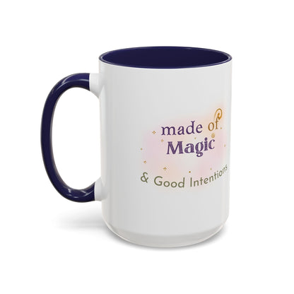 Jena Jewelry white ceramic mug with navy blue interior and handle, featuring "made of Magic & Good Intentions" text.