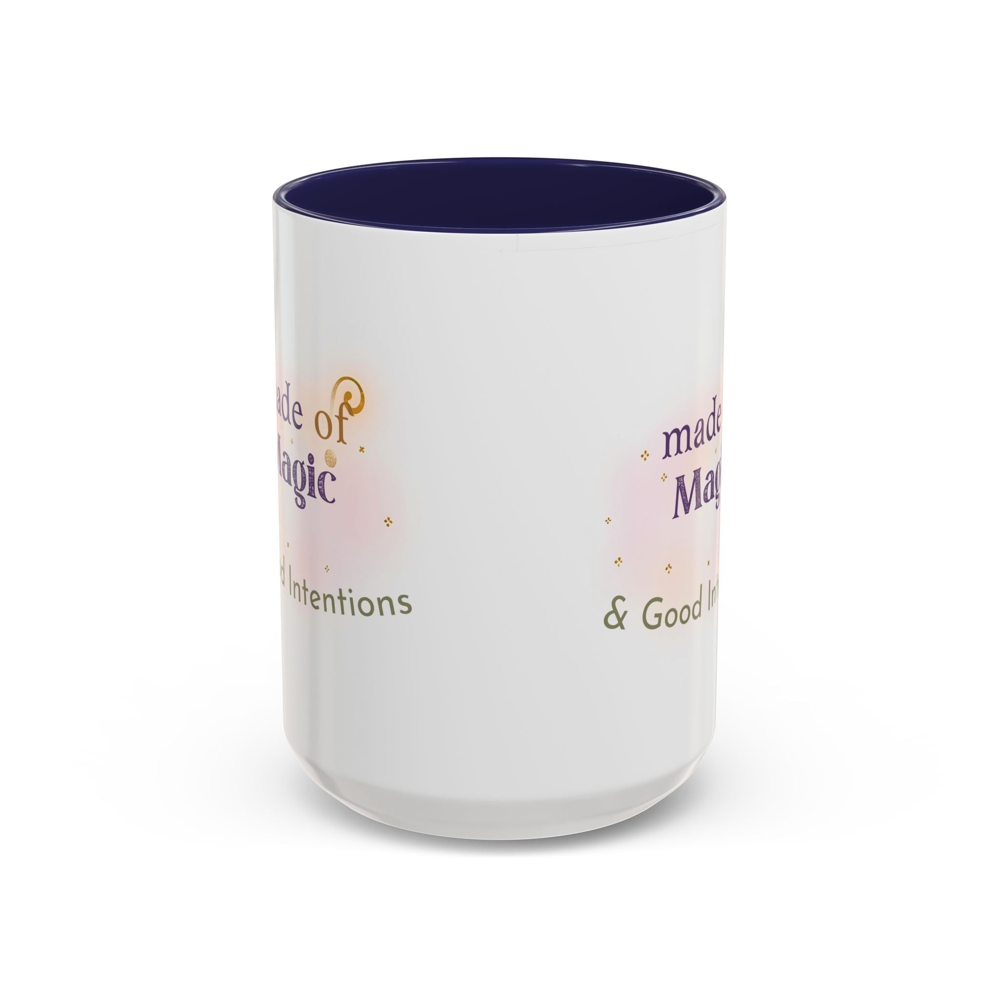 Jena Jewelry white ceramic mug with navy interior, featuring the text "Made of Magic" and "Good Intentions" with watercolor accents.