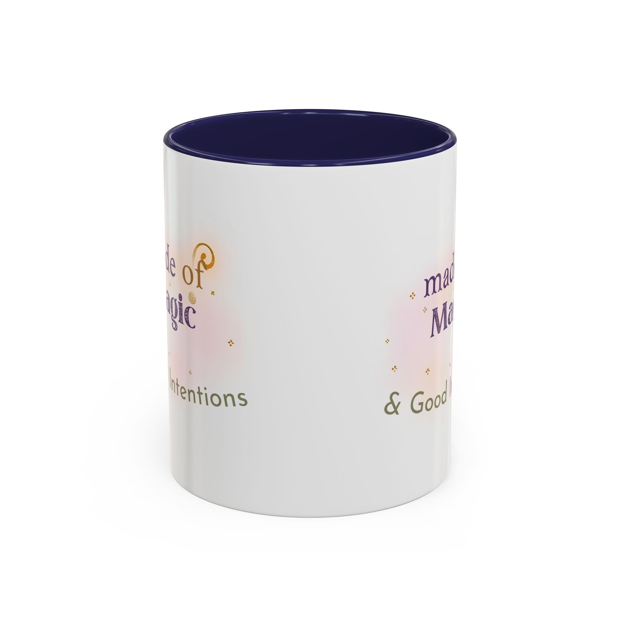 Jena Jewelry white ceramic mug with navy interior, featuring "Made of Magic" text and watercolor accents for positive energy and self-love.
