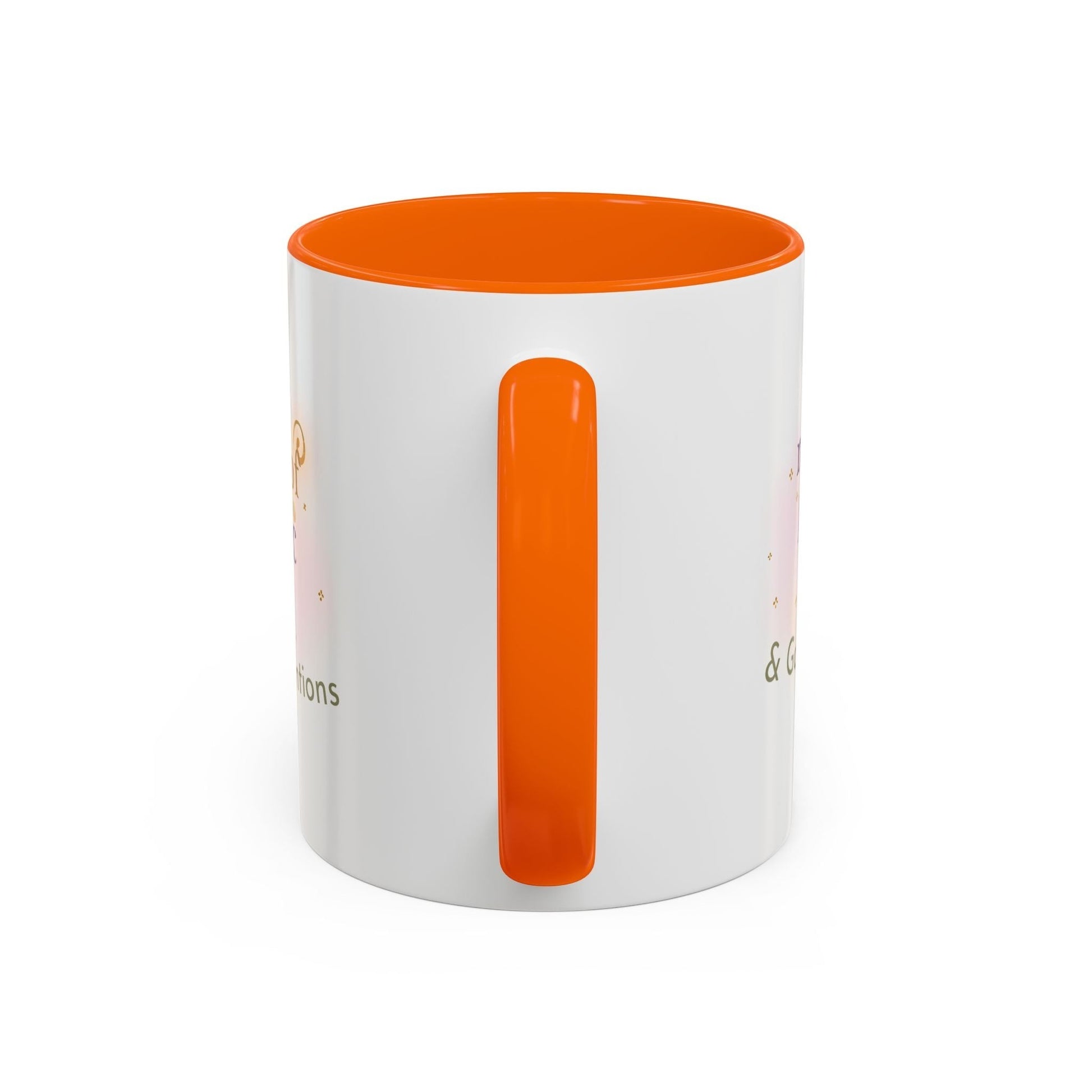 Jena Jewelry white ceramic mug with orange interior and handle, featuring "Made of Magic" text and watercolor design for positive energy.