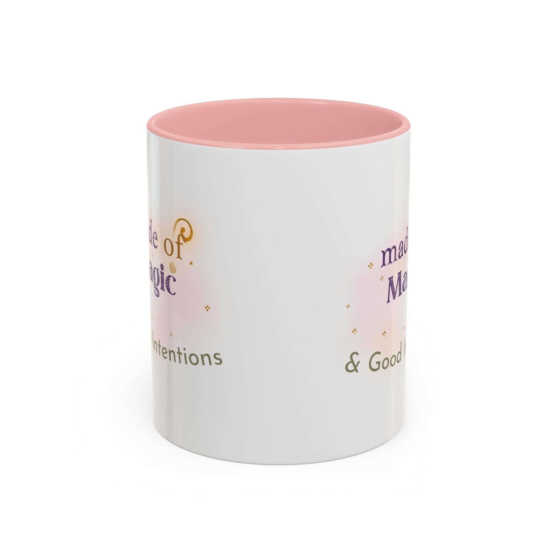 Jena Jewelry white ceramic mug with pink interior, featuring "Made of Magic" text and watercolor accents for positive energy and self-love.