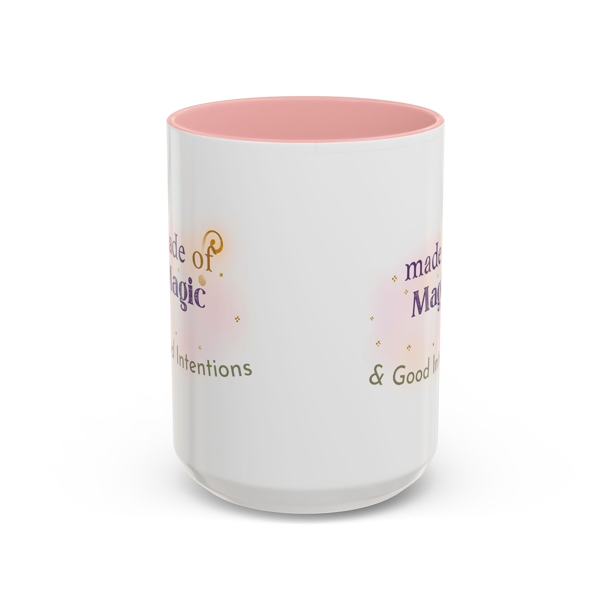 Jena Jewelry white ceramic mug with pink interior, featuring "Made of Magic" text and watercolor design for positive energy.
