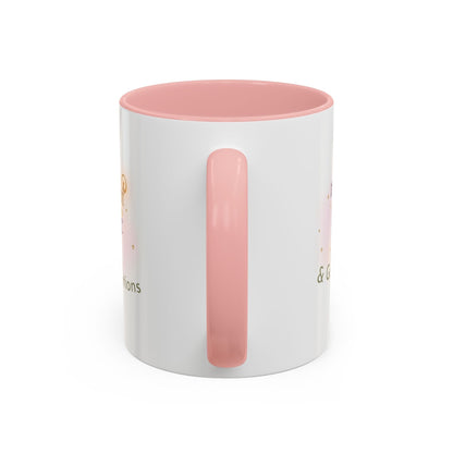 Jena Jewelry white ceramic mug with pink interior and handle, featuring "Made of Magic" affirmation text and watercolor design.
