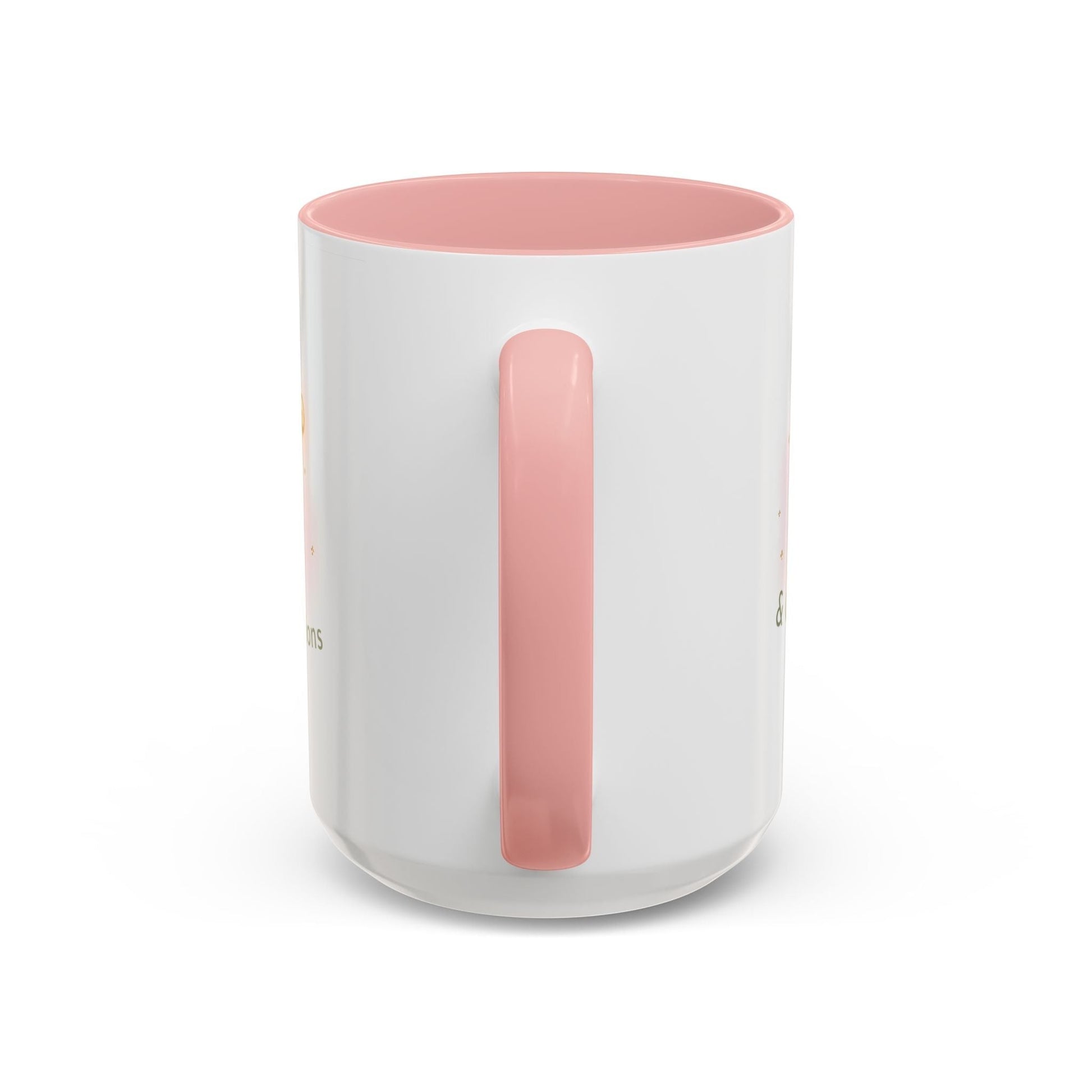 Jena Jewelry white ceramic mug with pink interior and handle, featuring "Made of Magic" text and watercolor design for positive energy.