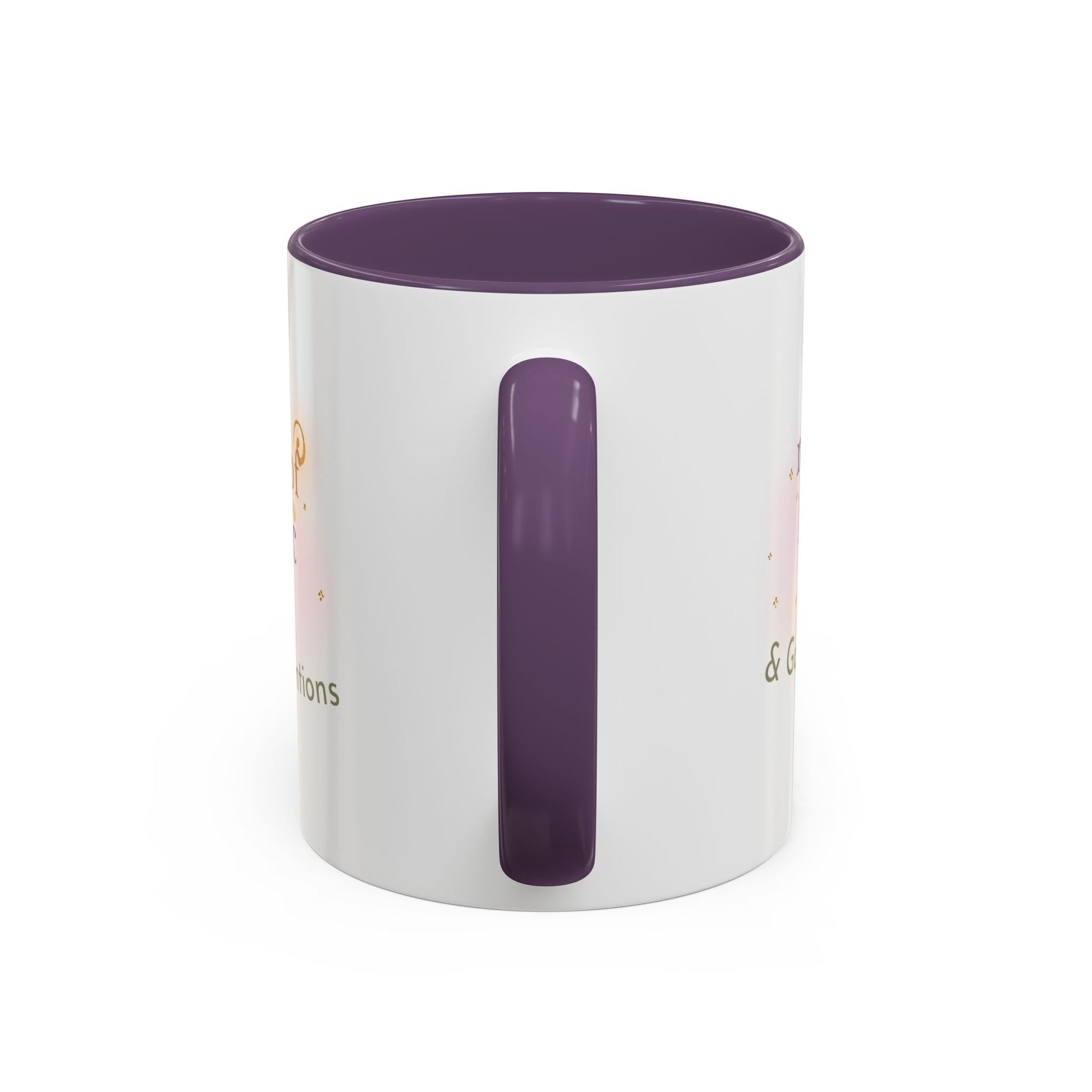 Jena Jewelry white ceramic mug with purple interior and handle, featuring "Made of Magic" affirmation text and watercolor design.