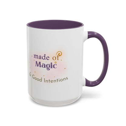 Jena Jewelry white ceramic mug with purple interior and handle, featuring "Made of Magic & Good Intentions" text.