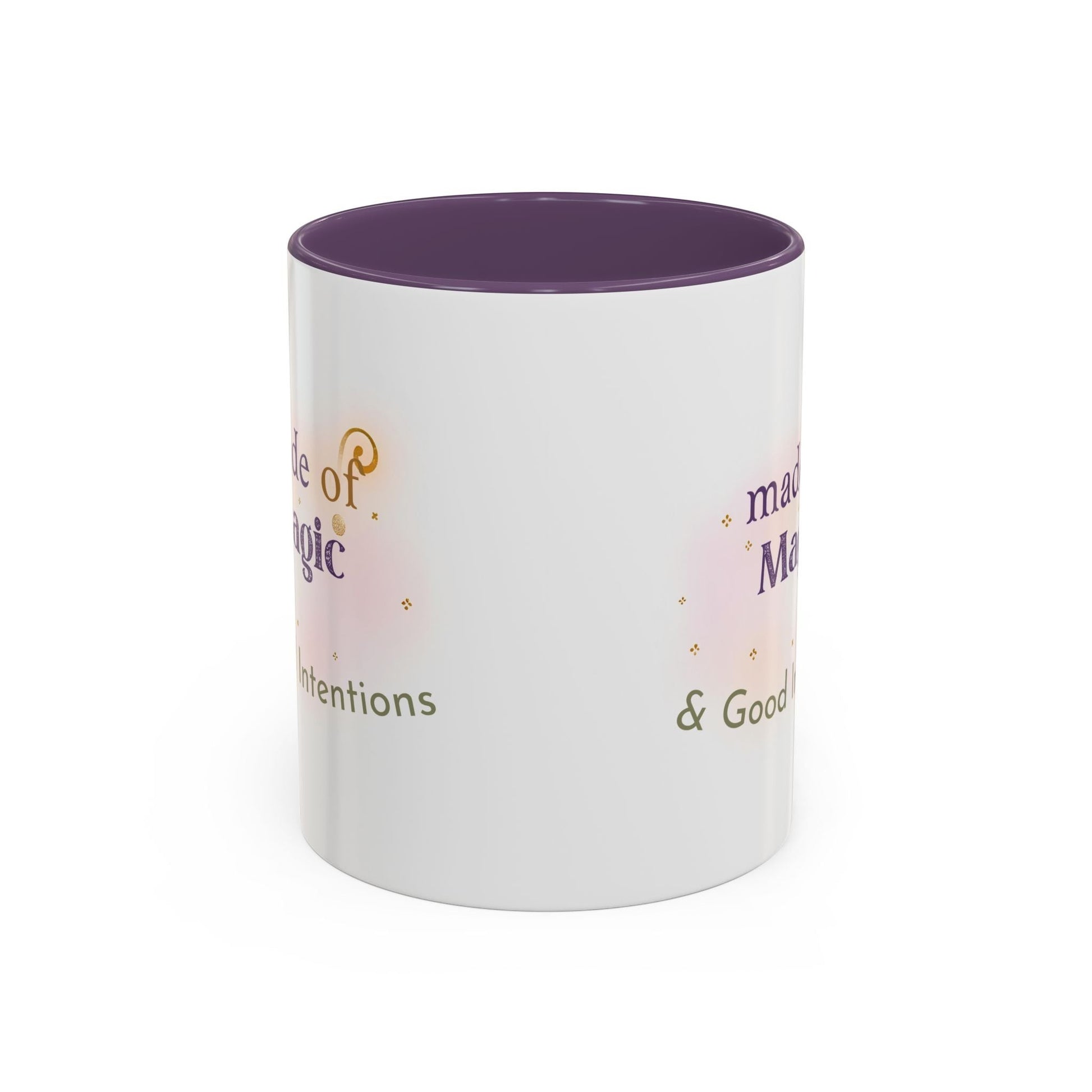 Jena Jewelry white ceramic mug with purple interior, featuring "Made of Magic" text and watercolor accents for positive energy.