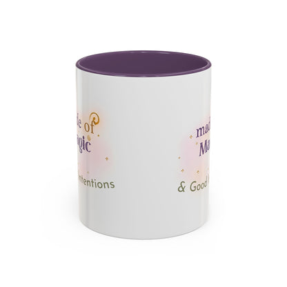 Jena Jewelry white ceramic mug with purple interior, featuring "Made of Magic" text and watercolor accents for positive energy.