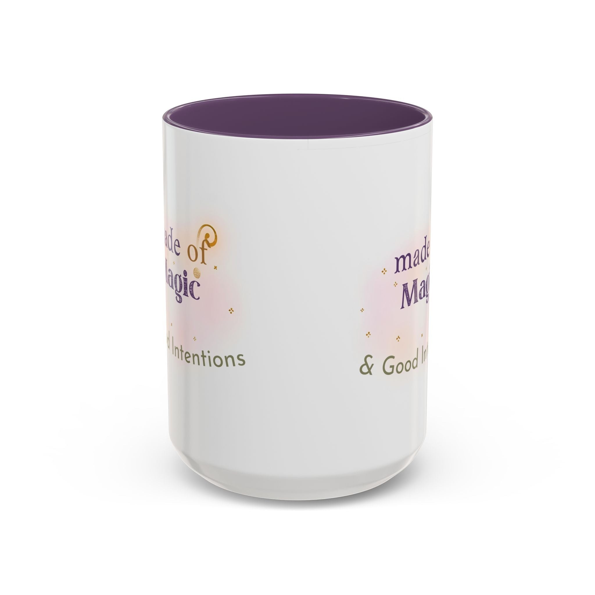 Jena Jewelry white ceramic mug with purple interior, featuring "Made of Magic" text and watercolor accents for positive energy and self-love.