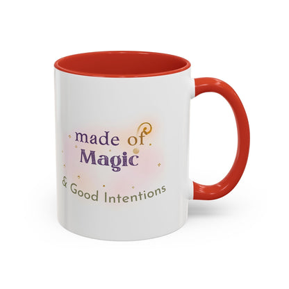Jena Jewelry white ceramic mug with red interior and handle, featuring "made of Magic & Good Intentions" text.