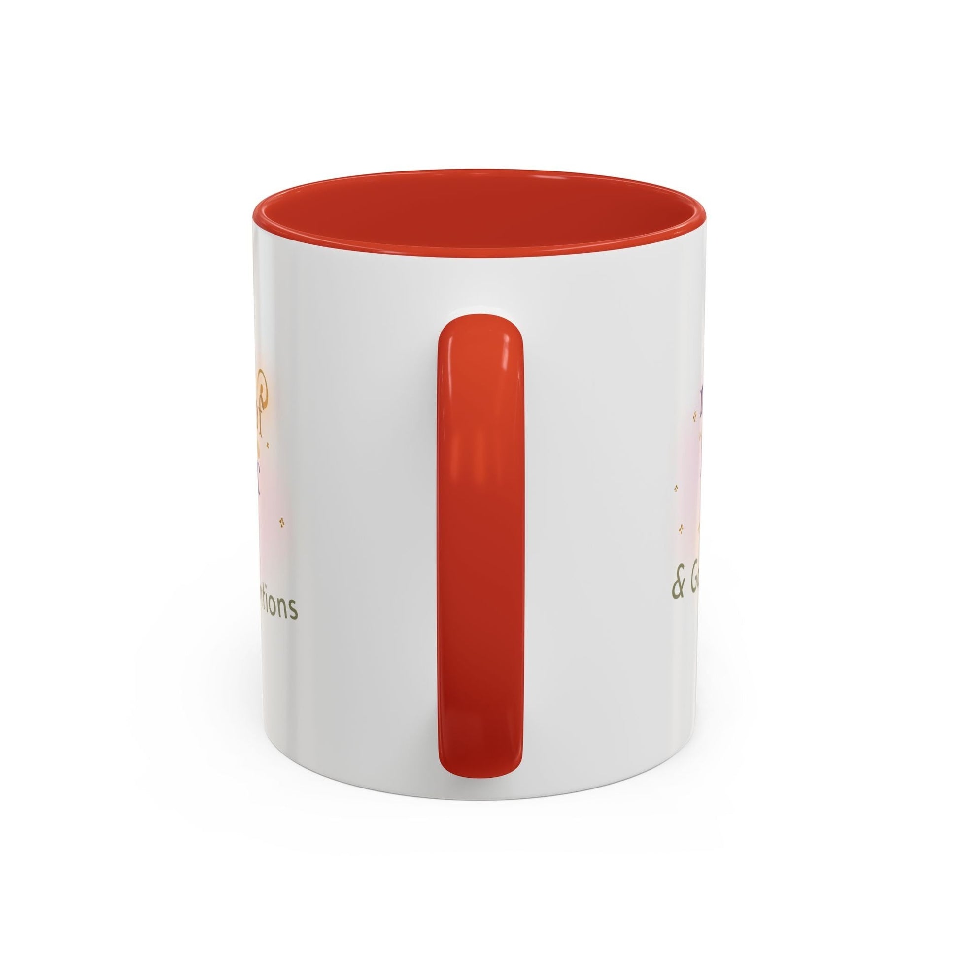 Jena Jewelry white ceramic mug with red interior and handle, featuring "Made of Magic" text and watercolor design for positive energy.