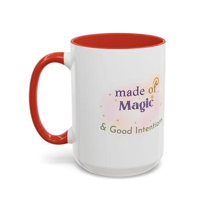 Jena Jewelry white ceramic mug with red interior and handle, featuring "Made of Magic & Good Intentions" text and watercolor accents.