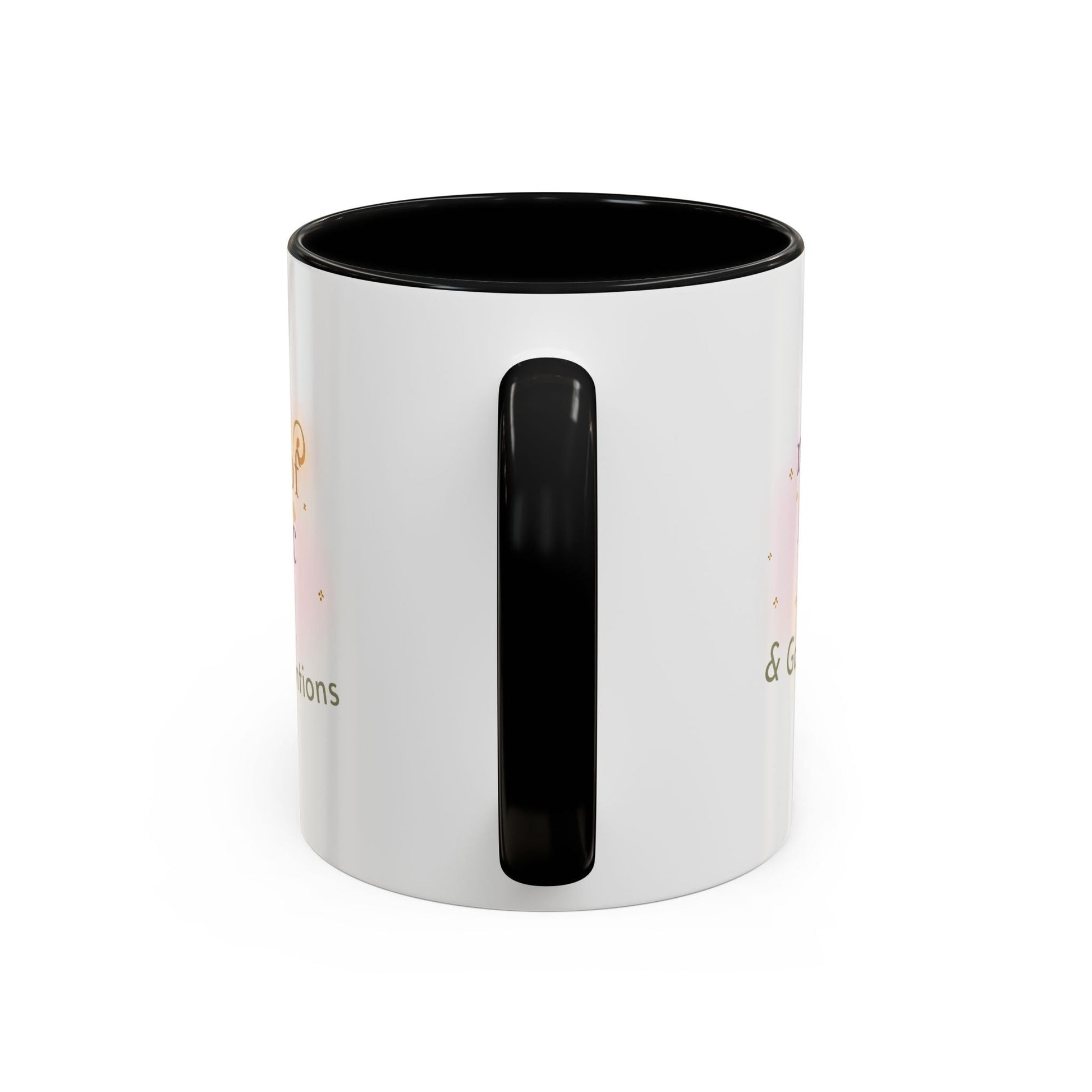 Jena Jewelry white ceramic mug with black interior and handle, featuring "Made of Magic" text and watercolor design for positive energy.