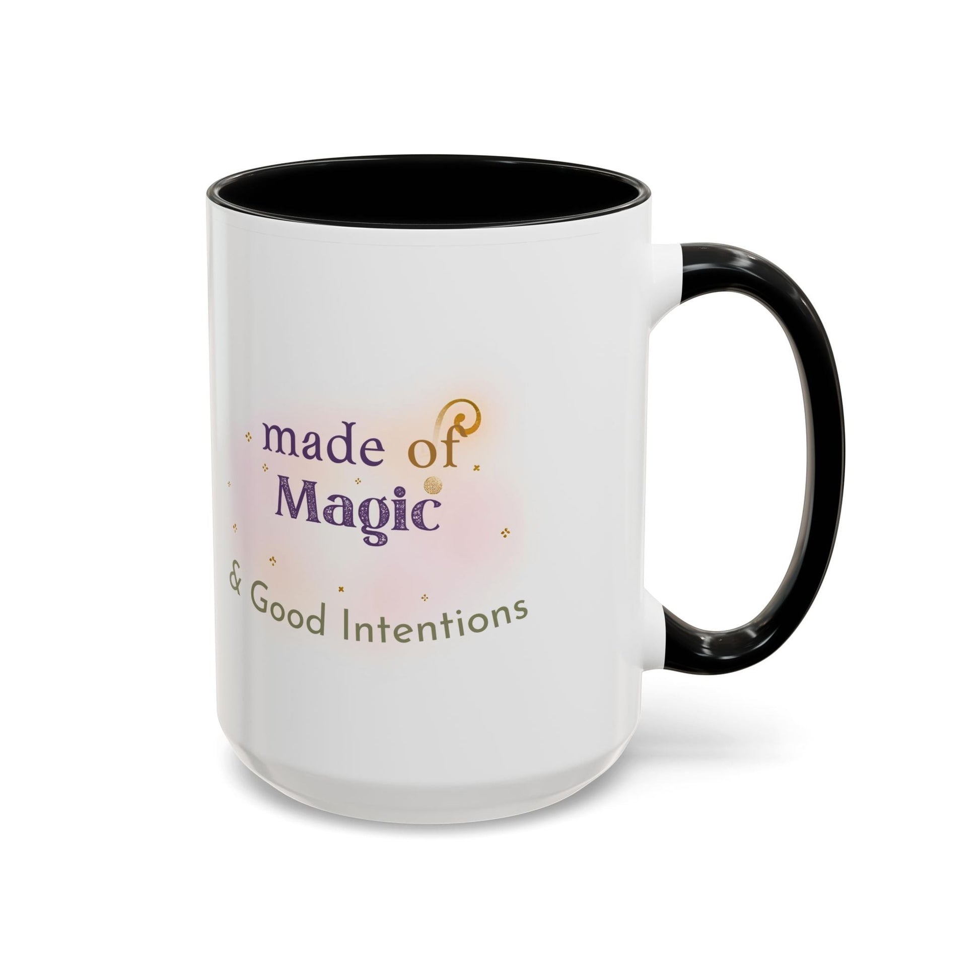 Jena Jewelry white ceramic mug with black interior and handle, featuring "Made of Magic & Good Intentions" text and watercolor accents.