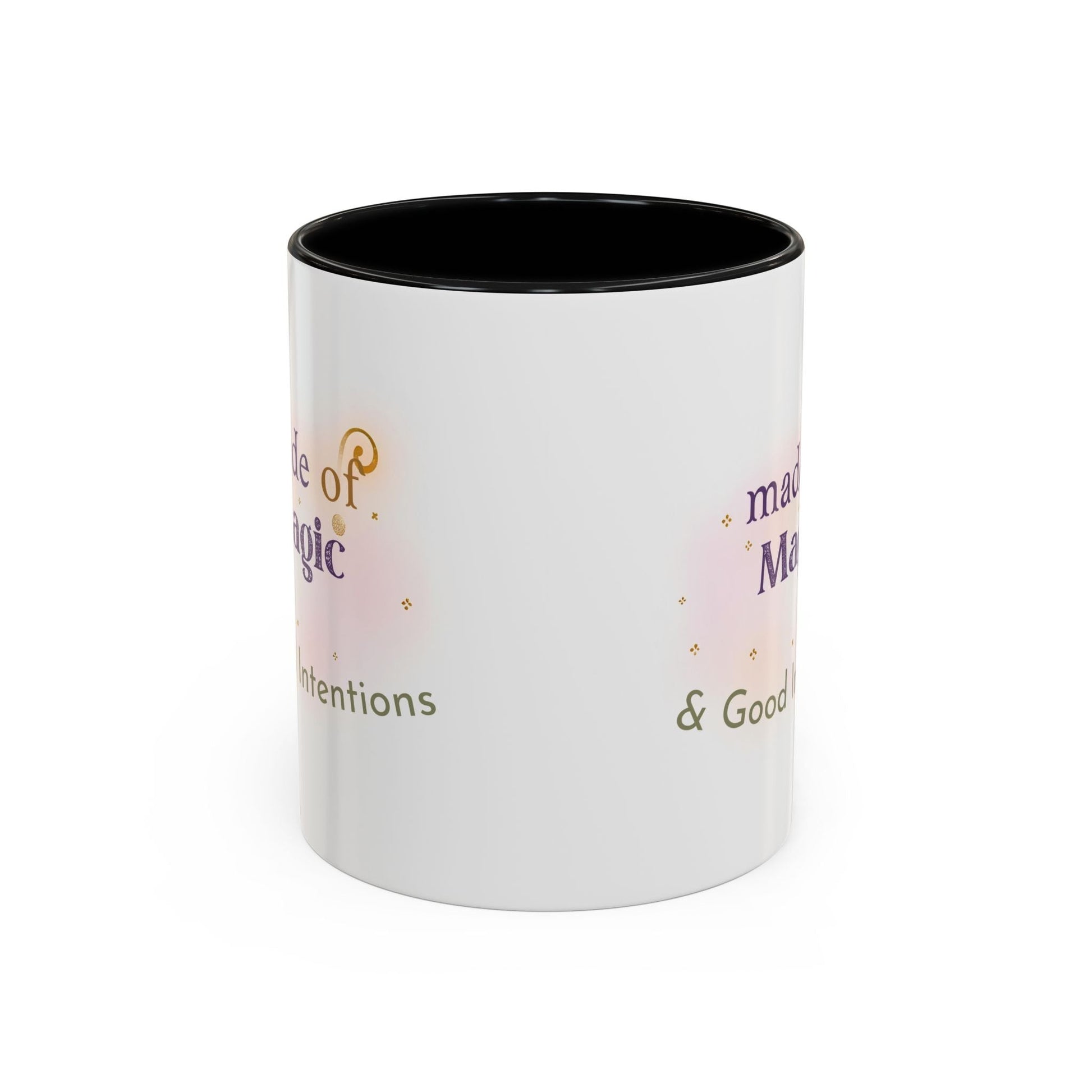 Jena Jewelry white ceramic mug with black interior, featuring the text “Made of Magic” and watercolor accents for positive energy and self-love.