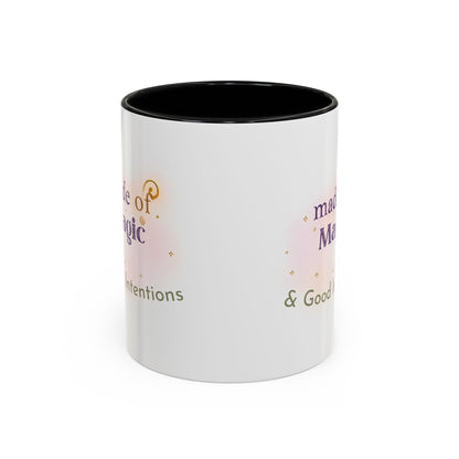 Jena Jewelry white ceramic mug with black interior, featuring the text “Made of Magic” and watercolor accents for positive energy and self-love.