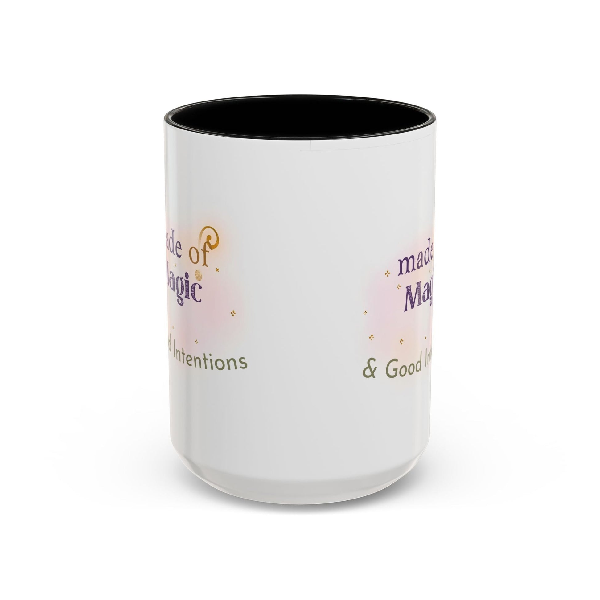 Jena Jewelry white ceramic mug with black interior, featuring "Made of Magic" text and watercolor design for positive energy.